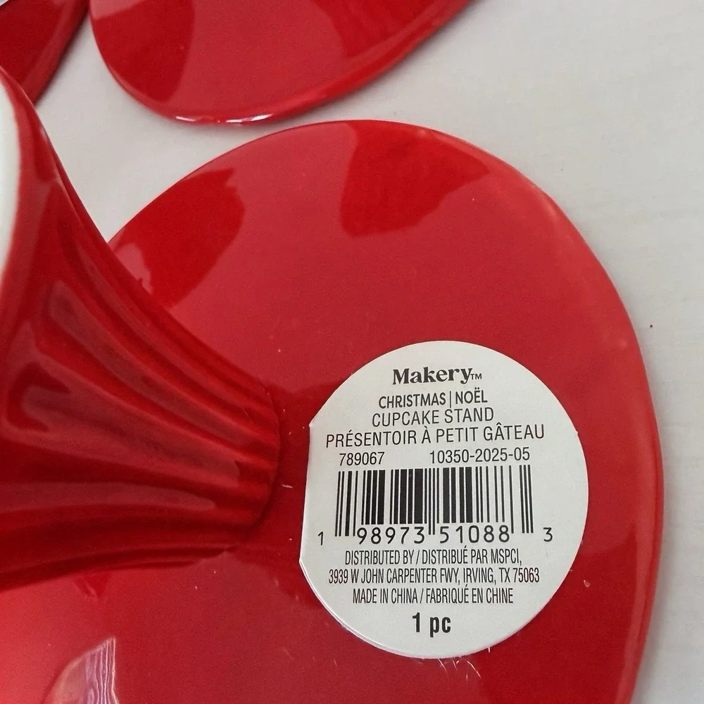Lot (4) Christmas Mini Cupcake Stand Red Pedestal Dessert Tray Set Ceramic New